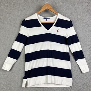 Ralph Lauren Sweater Nautical V Neck Striped Small Blue White Cotton‎ Old Money
